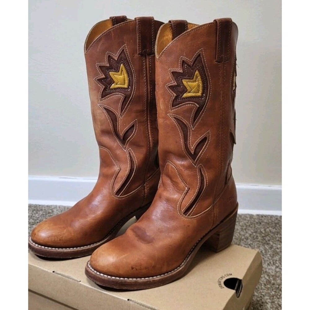 Vintage Frye Sabrina Flower Western Boots Women 8.5 B Brown Floral 8 1/2 Campus - Picture 3 of 8